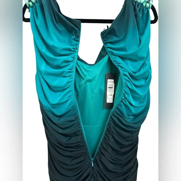 NWT‎ Cocktail Bodycon Embellished Bead Ombre Teal Blue Ruched Zip Mini Dress 12 - Image 4