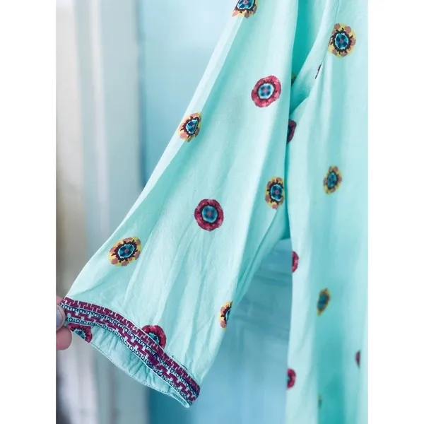 Mint Green Embroidered Boho Tunic Dress L Casual Summer Caftan Shift" - Image 4