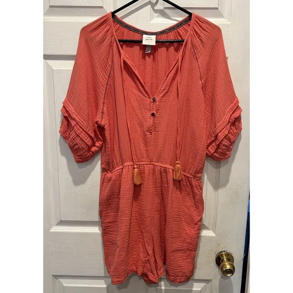 Knox Rose Womens Large Coral Pink Gauze Boho Romper Tassel Tie Ruffle Sleeve L‎ - Image 2
