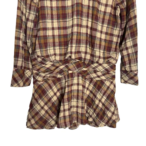 Zara Ecru Maroon Plaid Long Sleeve Ruched Flounce Flare Blogger Mini Dress Small - Image 4