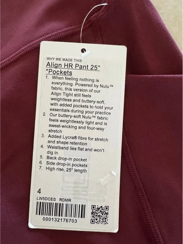 Lululemon Align With Pockets High Rise 25” Red Merlot Size 4 NWT - Image 5