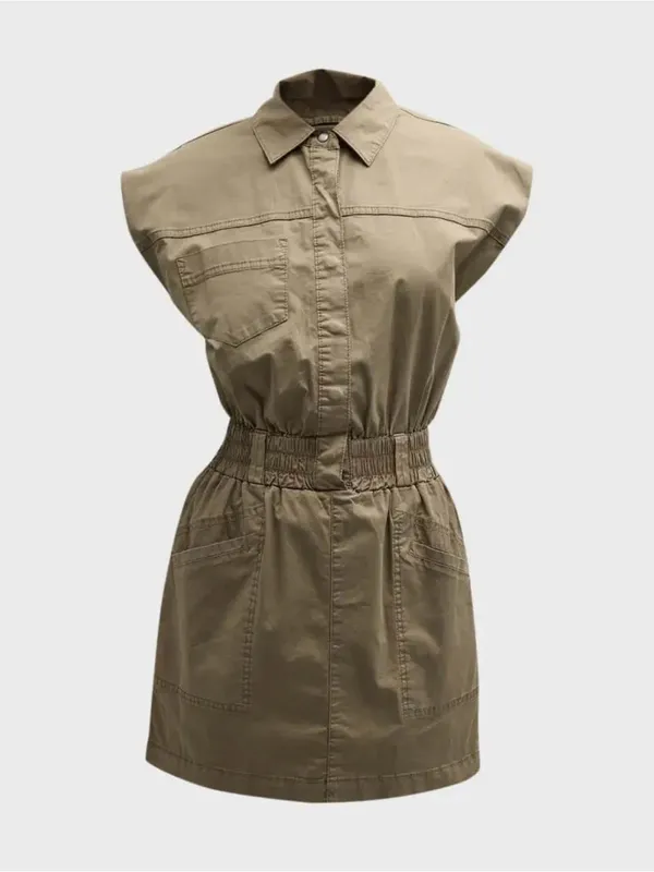 Pistola Cap Sleeve Smocked Waist Rosie Mini Dress in Army Olive Green - Image 2
