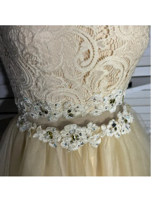 Dancing Queen cream floral sheer mesh dress beaded fairy princess homecoming M - Image 9