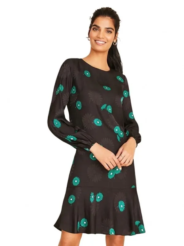 Ann Taylor Green Floral Jacquard Black Flounce Shift Dress with Pockets Size 8 - Image 2