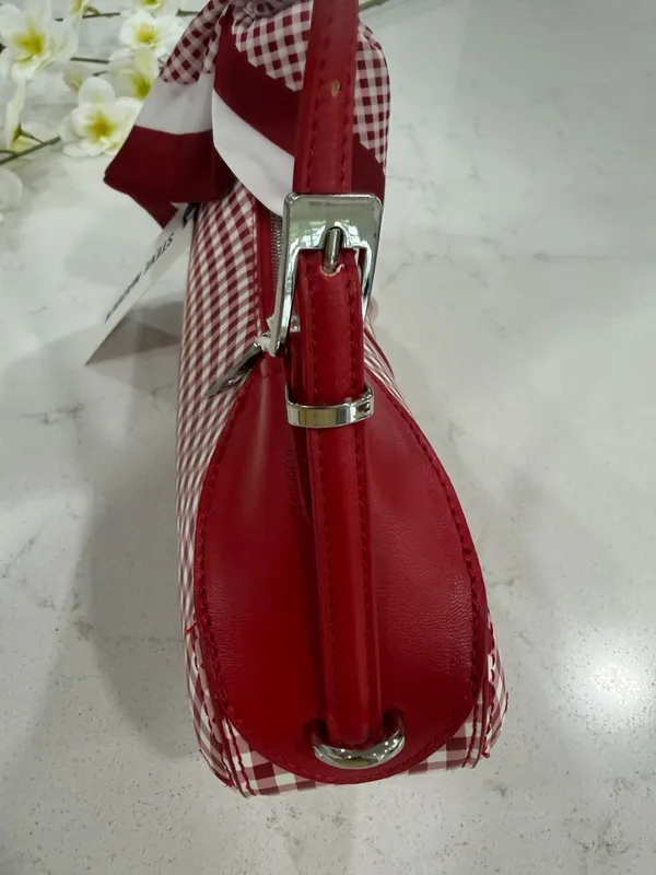 Steve Madden Red and White Gingham Shoulder Bag with Scarf Accent - Image 8