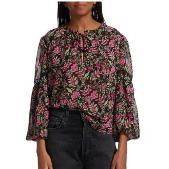 Misa Los Angeles Alicia Floral Coquette Prairie Blouse Vneck Ties Pink Black L - Image 2