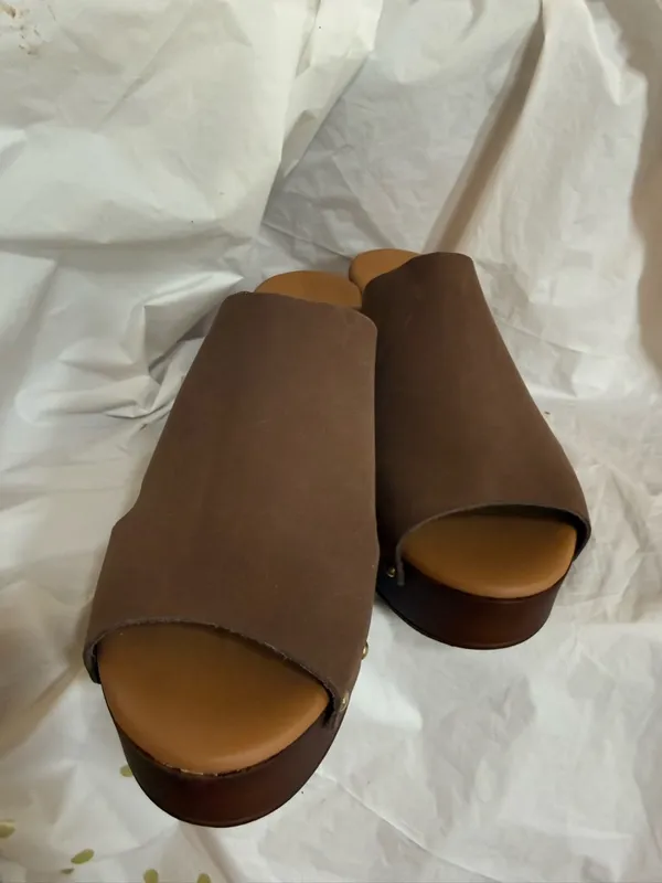 Brown Leather Platform Slide Mules with Gold Stud Accents Size 9 - Image 4