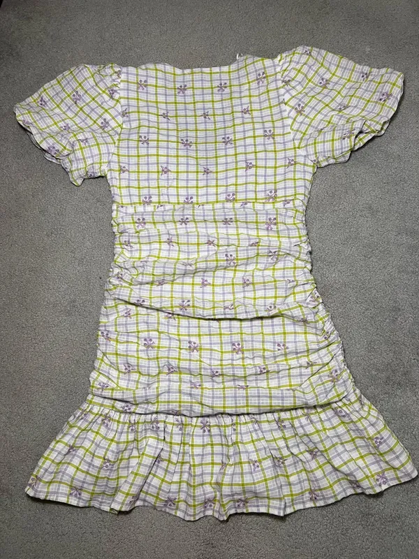 Zara Checkered Floral Print Draped Balloon Sleeve with Embroidered Eyelet Detail Mini Dress Size Small - Image 3