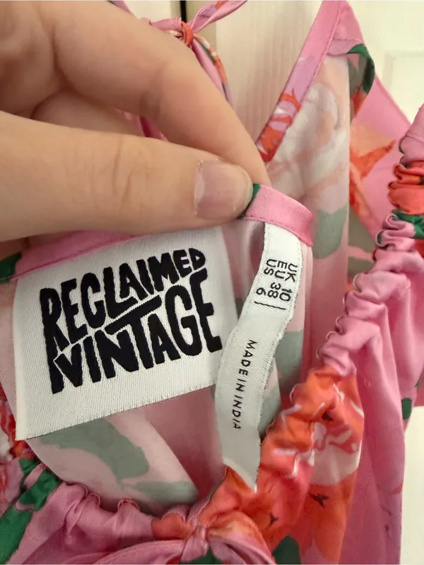 Reclaimed Vintage Pink Rose Satin Mini Dress Tie Back Size US 6 - Image 5