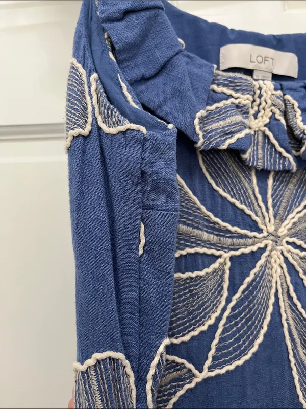 Loft Blue w/ Creme Floral Embroidered Ruffle Neckline Mini Dress - Size 10 - Image 7