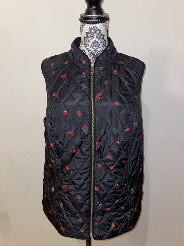 Charter Club Black & Red Floral Quilted Puffer Vest Size Large Like New - Image 2