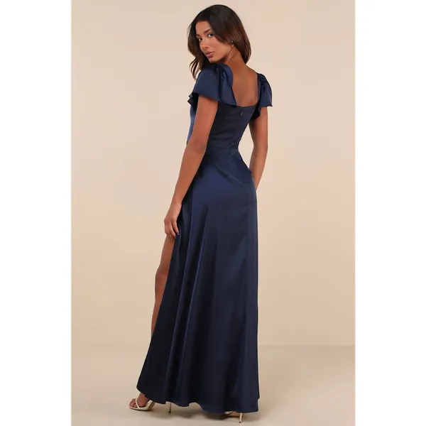 NWT Lulus Ultimate Sweetness Navy Satin Flutter Sleeve Maxi Dress Wedding Sz L - Image 3