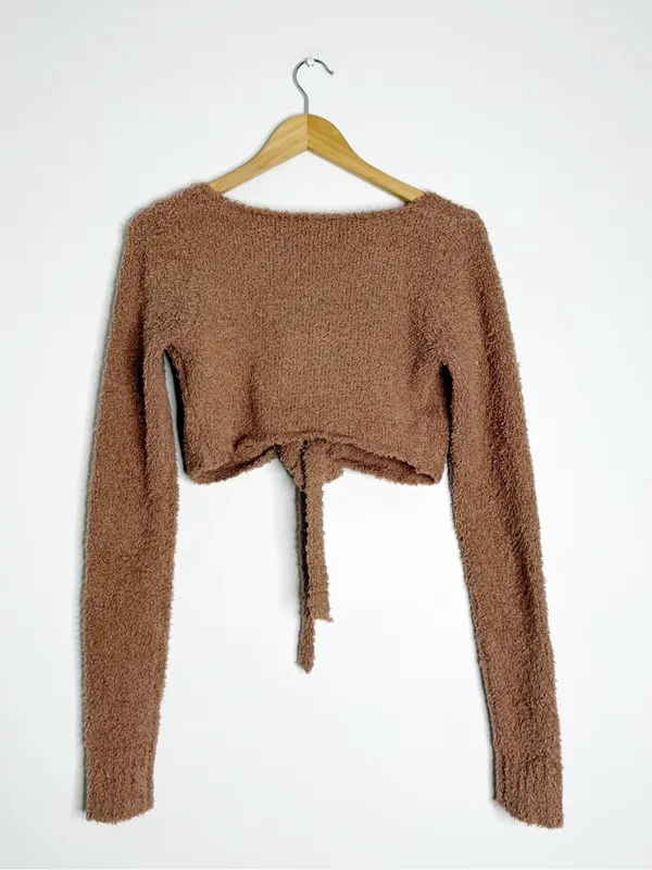 SKIMS Cozy Knit Wrap Sweater S/M Teddy Fuzzy Cropped Tie Front Brown - Image 8