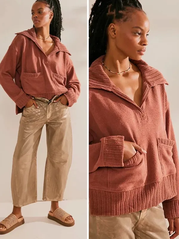 Free People Beach Grace Pullover Sweater V-Neck Slouchy Relaxed Fit Boho Beachy - Image 2