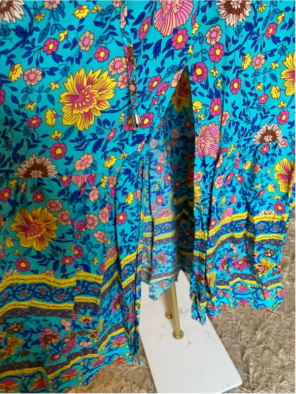 HOTOUCH XL Turquoise Floral Maxi Skirt Tiered Ruffle Slit Cottagecore Boho Flowy - Image 8