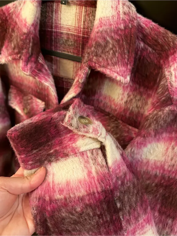 Express Pink Plaid Brushed Shacket - Image 5
