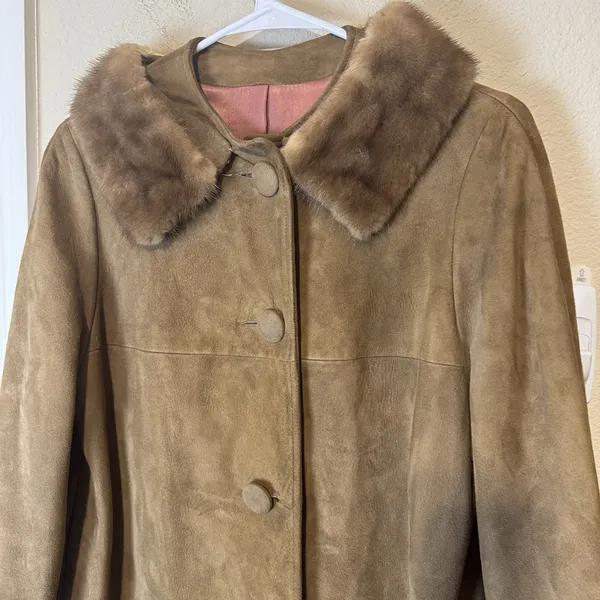 Vintage Annshire Original Suede Coat Faux Fur Collar Tan Brown 60s Union made - Image 2