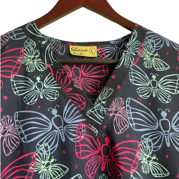 Shana‎ Women Scrub Top L Navy Butterfly Medical Uniform Nurse Workwear Dental - Image 4