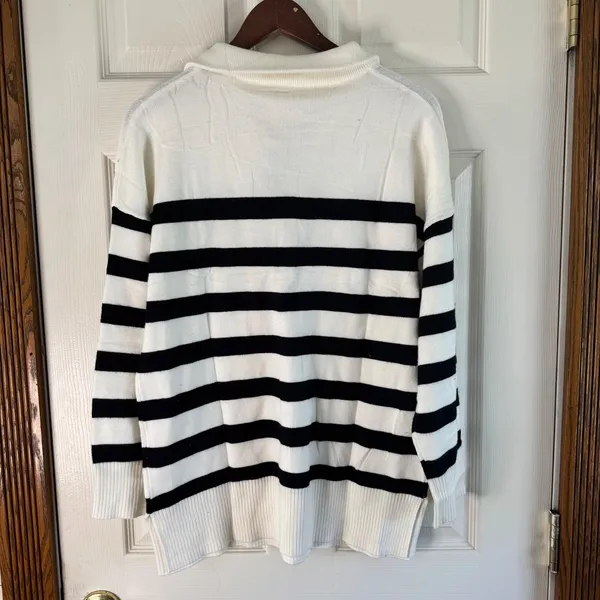 WIHOLL‎ Striped Pullover Sweater Quarter Zip Tunic Top Oversized Medium Black - Image 9