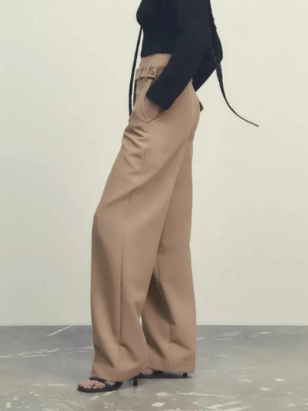 Zara High Waist Wide Leg Work Trouser Pants in Camel Brown Tan Office Size S NWT - Image 2