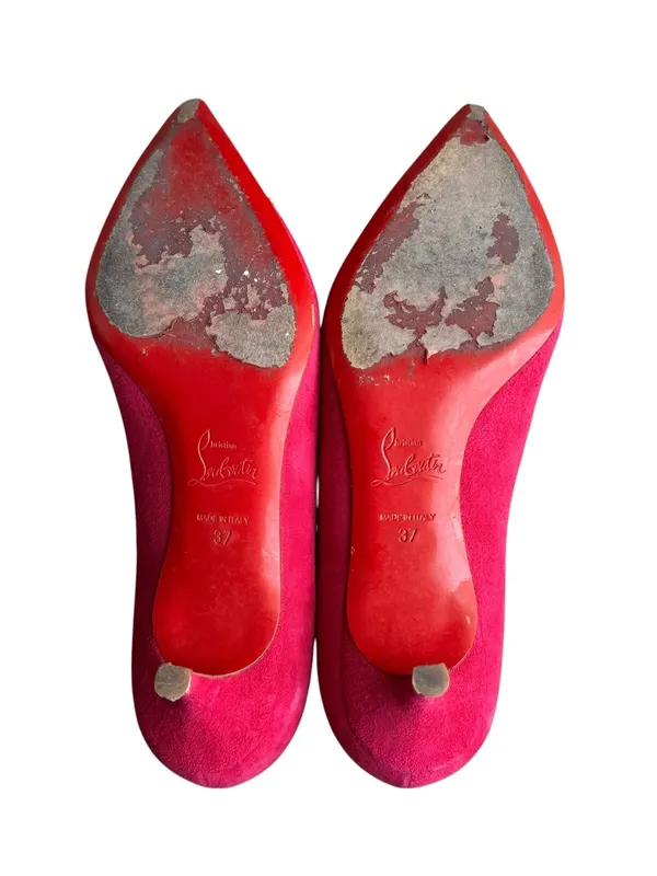 Christian Louboutin - Pink Suede Studded Pointed Toe Kitten Heel Pumps Sz 37 - Image 10