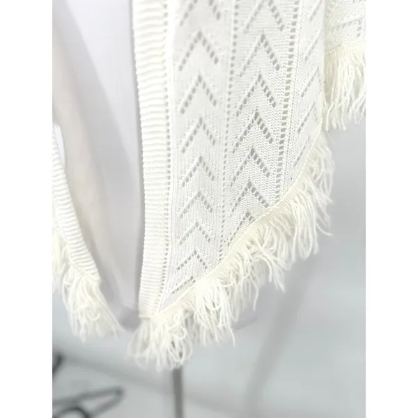 Vintage Shawl Wrap Women OS Ivory Pointelle Knit Fringe Crochet Boho Grannycore - Image 2