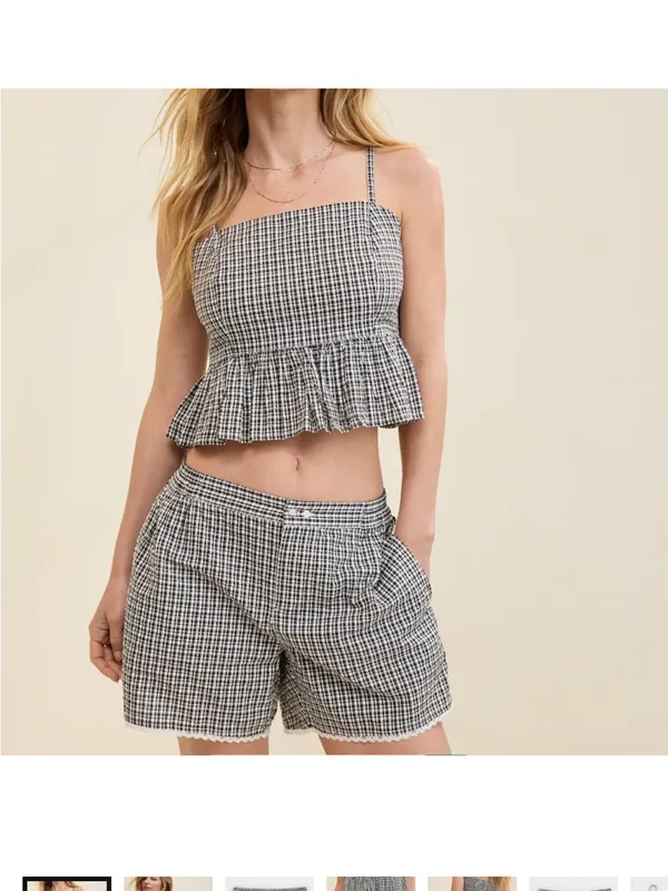 Aerie Black White Gingham Peplum Cami Lace Trim Shorts Set S Preppy Coquette - Image 9