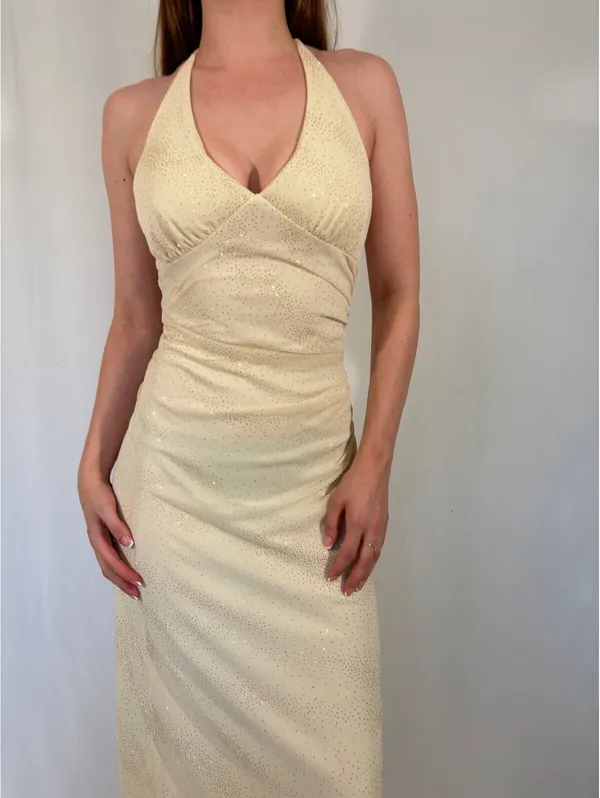 Sparkly Cream White Vintage Halter Neck Ruffle Party Formal Dress - Image 6