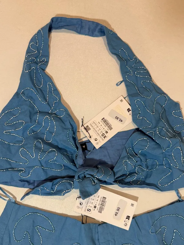 Zara Blue Embroidered Halter Crop Top & Shorts Set - Image 3