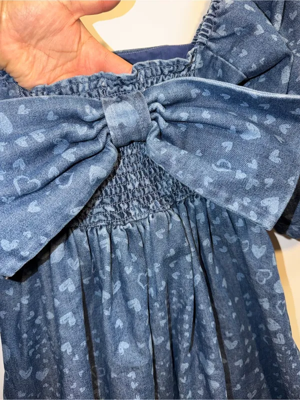 Avec Les Filles Heart Print Denim Mini Dress Bow Back Puff Sleeve XS $149 - Image 5