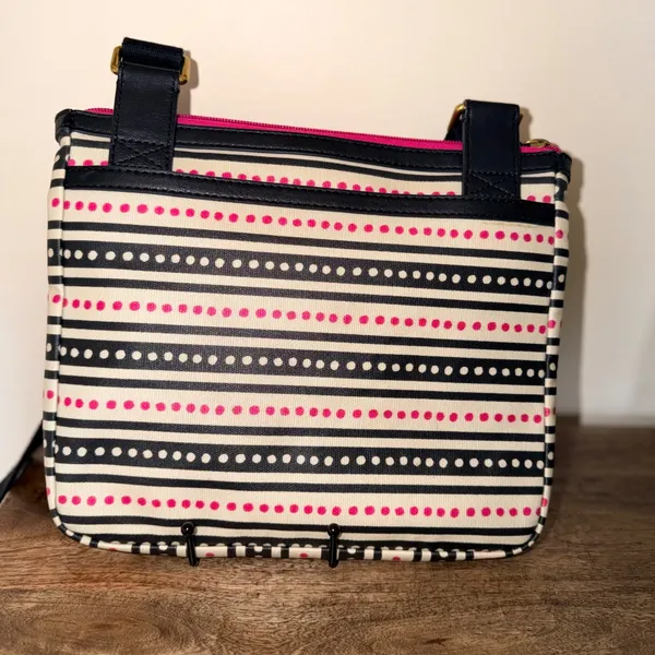 Fossil Eliza Crossbody Bag Striped Canvas Pink‎ Black Zip Top Shoulder Purse - Image 4