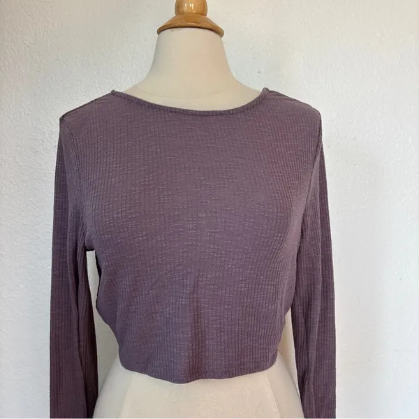 Aeropostale Solid Purple Textured Long Sleeve Twist Back Crop Top - Image 3