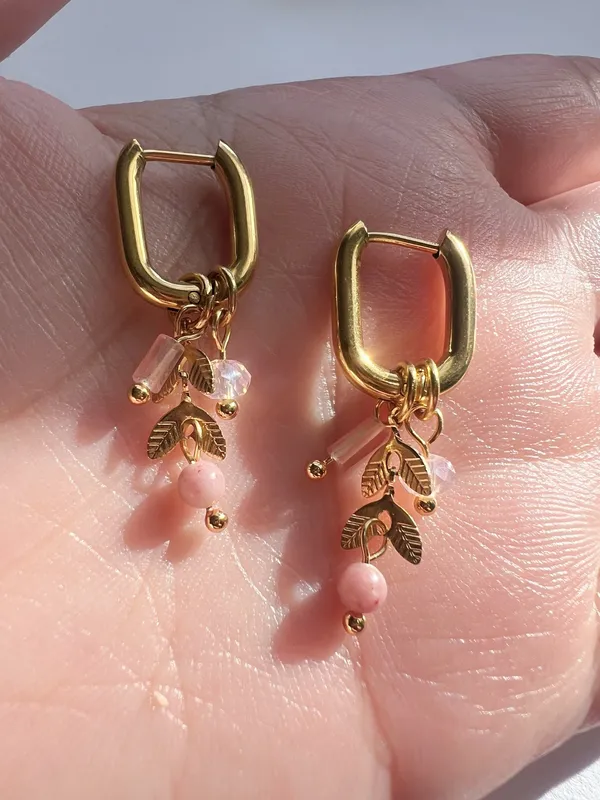 Gold hoop earrings with removable pink charms - Image 2