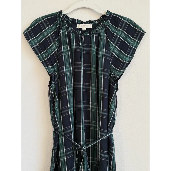 Loft Dress Women's 12 Blue Green Plaid‎ Shift Belted Short Sleeve Pleated Lined - Image 3