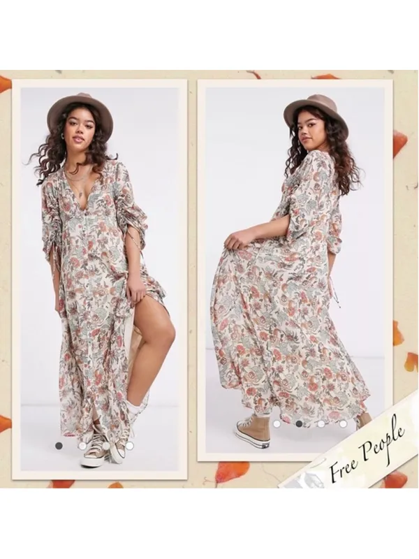 Free People Earthfolk Boho Floral Maxi Dress Tea Comb Women’s Size M - Image 2