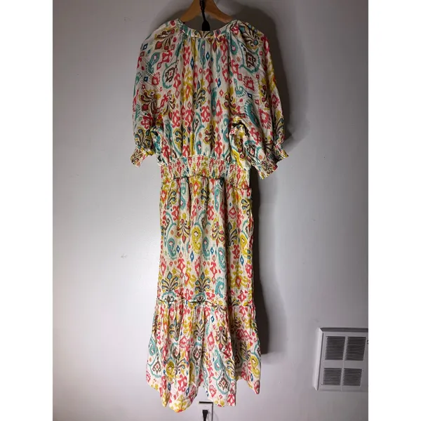 Anthropologie Felipa Maxi Dress Size L Ikat Print‎ Smocked Waist Short Sleeve - Image 4