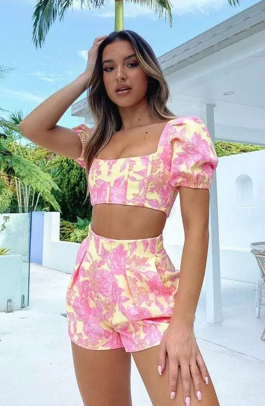 White Fox Pink and Yellow High Waisted Shorts - Image 4