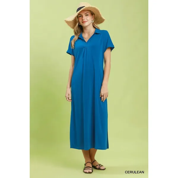 Umgee Collared Belted Midi‎ Dress - Cerulean - Small - Image 3