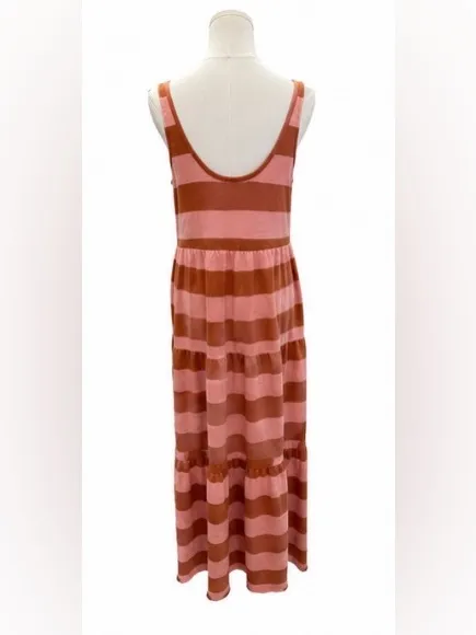 Marine Layer striped tiered cotton maxi dress size M pink rust - Image 3