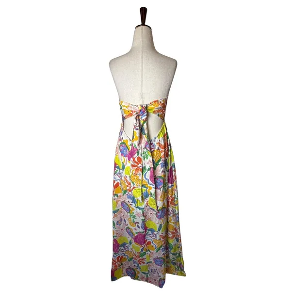FORE Maxi Dress Women Large White Yellow Strapless Fruit Floral Tie Back Boho - Image 3
