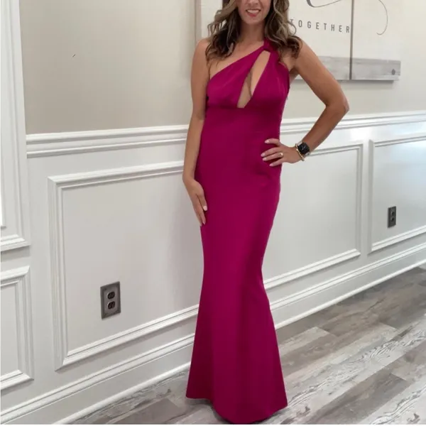 Katie May Pink One Shoulder Cut Out Back Edgy Maxi Dress Magenta Pink Medium - Image 7