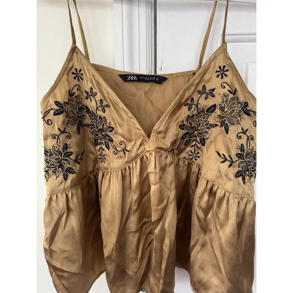 Zara Gold Satin Embroidered Camisole Top V-Neck Peplum Tank Small - Image 2