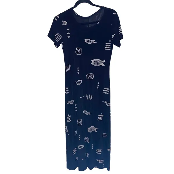 Vintage Black Maxi Dress Abstract‎ Print Short Sleeve Minimalist 90s Grunge - Image 2