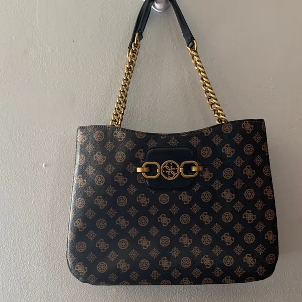 GUESS Black and Brown Monogram Chain-Handle Tote - Image 2