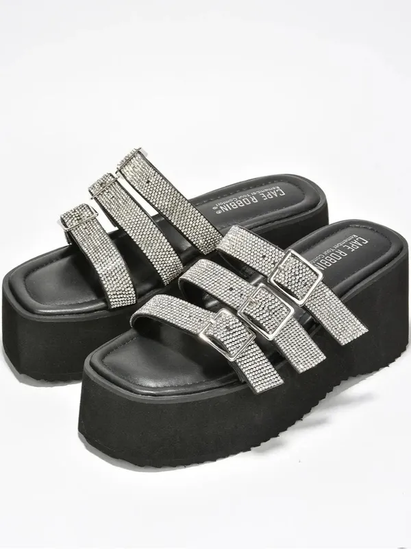 Cape Robbin Black Platform Sandal with Silver Glitter Straps - Image 4