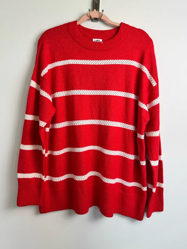 NWOT Aerie Red White Striped Oversized Crewneck Sweater M - Image 4