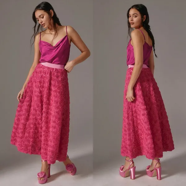 Anthropologie Pink Maeve Floral Appliqué Skirt Midi Womens‎ Size 2 - Image 2