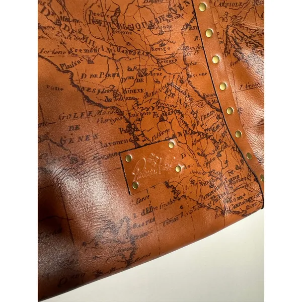 PATRICIA NASH Brown Leather Benvenuto Italy Map Antique Brass Tote Shoulder Bag - Image 11