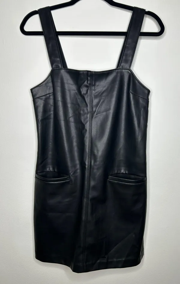 Abercrombie Black Faux Leather Front Pocket Mini Shift Dress Layering - Image 9