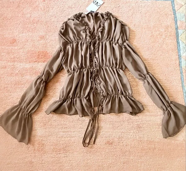 Zara Ruched Sheer Blouse Brown Ruffle Tie Front Long Sleeve Romantic Top NWT M - Image 2